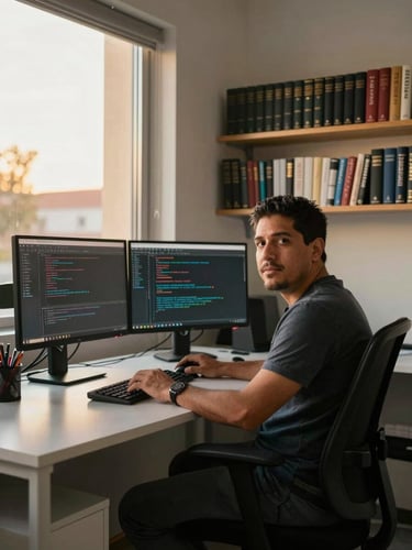 Wide environmental shot of a Latino man sitting at a desk in a small tech office in Castellón, dual monitors showing code, golden afternoon light through a window to his left, he looks toward camera, shelves with reference books behind him