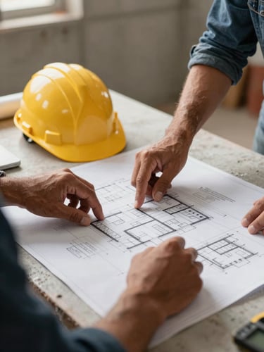 Close-up of a Latino man's hands reviewing architectural blueprints on a workbench at a construction site in Castellón, natural morning light, hard hat resting to one side, concrete wall partially visible in background