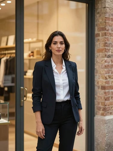 Environmental portrait of a Latina business owner standing at the entrance of her shop in Castellón, natural daylight streaming through the doorway, looking directly at the camera with calm confidence, warm golden tones on the facade brickwork visible behind her