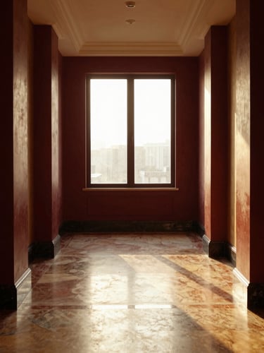 Symmetrical architectural shot of a luxury hotel corridor with soft golden-hour window light casting long shadows on polished marble floors