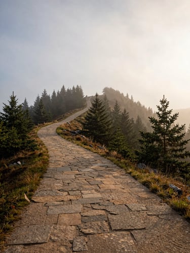 Wide environmental shot of a mist-veiled Albstadt ridge at dawn, empty hiking trail curving left into pine forest, soft overcast light, no figures, generous sky above, warm stone texture in the foreground