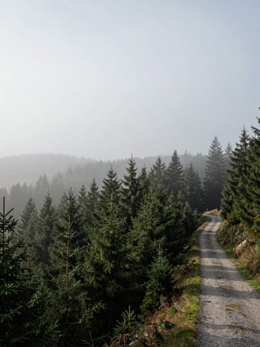 Wide panoramic view from a misty ridge above Albstadt, early morning — dense fir forest fading into pale fog in the middle distance, a narrow gravel trail disappearing into the mist at the right third of the frame, overcast diffused light, no people, cool grey-green tones, generous sky above
