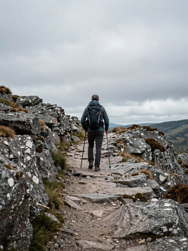 Close environmental shot of a solitary figure pausing on a rocky hillside path in overcast Albstadt terrain, viewed from behind at mid-distance, hands resting on hiking poles, cool diffused natural light, no studio flash, wide landscape ratio