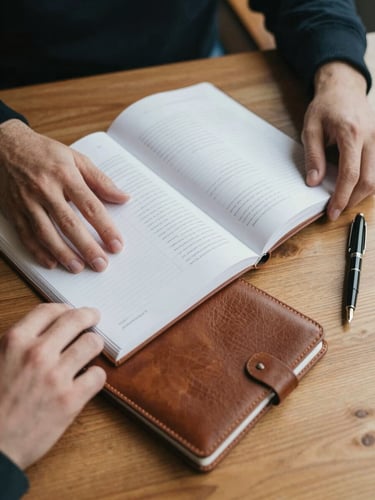 Close-up of two hands resting on an open planning document and a leather-bound notebook on a warm wooden desk, overcast north-facing daylight, a fountain pen set aside to the right, no faces visible, quiet and deliberate