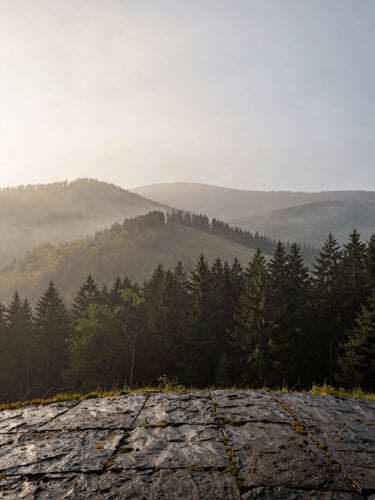 Wide environmental shot of misty Albstadt ridgeline at dawn, layered forested hills receding into pale grey atmosphere, empty foreground of wet stone and moss, overcast diffused light, no people, no trails visible, calm and vast