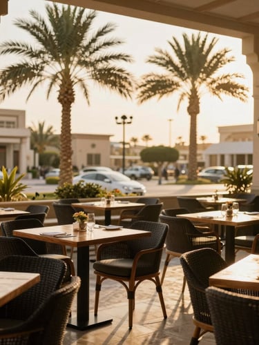 Wide environmental shot of a sunlit outdoor restaurant terrace in New Cairo, elegant wooden tables, palm trees, warm golden hour light, shallow depth of field, 35mm lens