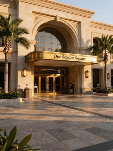 Wide-angle architectural shot of One Golden Square entrance, warm golden-hour sunlight casting long shadows across the stone promenade, elegant palms, 35mm lens