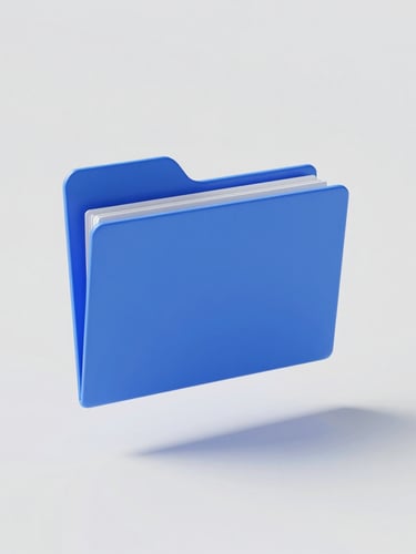 Minimalist 3D render of clean geometric file folders floating in high-key studio light, crisp corporate blue and slate gray tones, isometric view