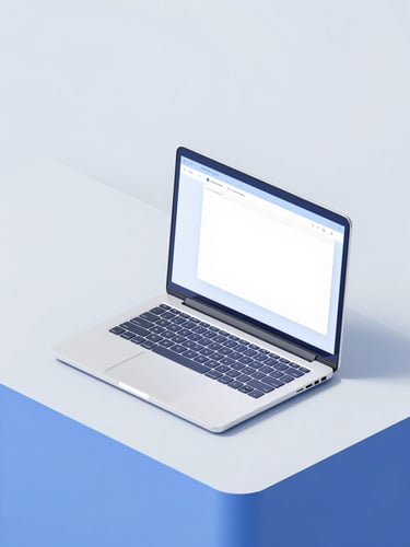 Minimalist 3D render of a clean geometric workspace with a single laptop displaying a simple, clean interface, soft blue accents, bright studio lighting, isometric view.