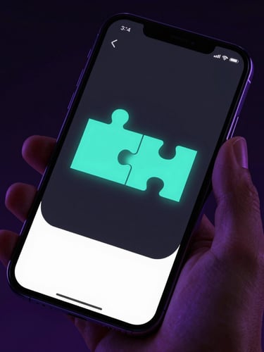 Sleek dark-mode product photography of a modern smartphone screen displaying a minimalist neon-cyan puzzle game interface, held by a hand, moody low-key studio lighting with deep violet edge-reflections.