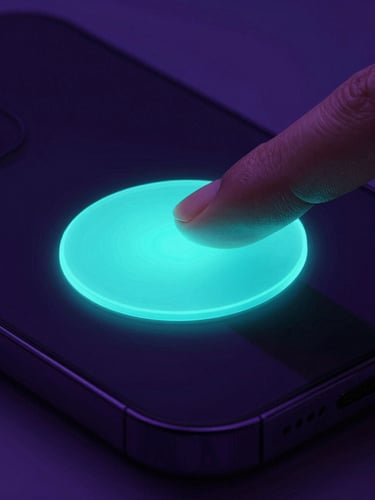 Macro shot of a finger tapping a glowing neon cyan button on a dark smartphone screen, high-contrast, moody studio lighting with deep violet shadows