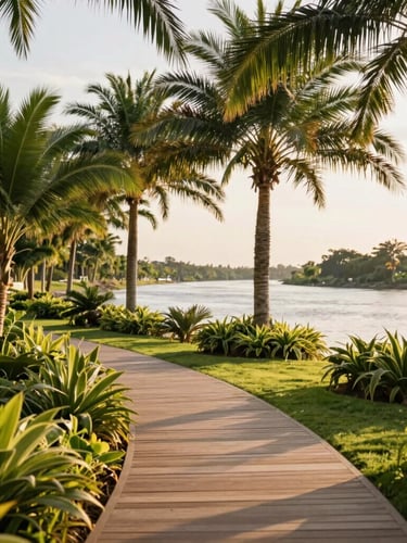 Lush green resort garden pathway leading to the riverbank, tall palm trees and tropical foliage, soft golden hour sunlight filtering through leaves, peaceful atmosphere