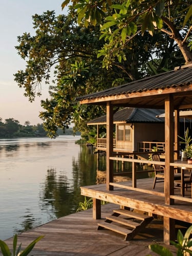 Warm golden hour light shining on a peaceful riverside resort in Amphawa, lush green trees reflecting on the calm Mae Klong river, cozy wooden terrace, 35mm photography