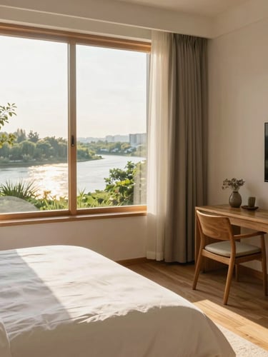 Clean and bright resort bedroom interior with soft sunlight streaming through a large window, wooden furniture, warm cozy atmosphere, 35mm lens