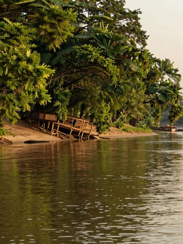 Warm editorial photograph of Mae Klong riverbank at golden hour, lush green trees reflecting on the calm water surface, soft natural light, 35mm lens