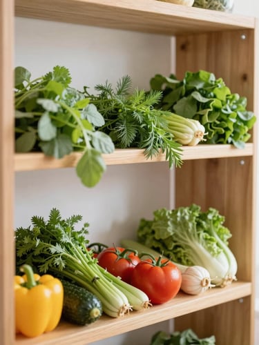 Bright editorial food photography, a neatly organized wooden shelf with fresh herbs and organic produce, soft natural daylight, 35mm lens