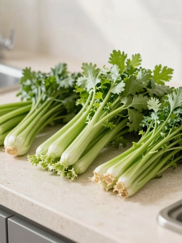 Bright editorial food photography, fresh vibrant green herbs, crisp vegetables arranged on a light stone counter, soft natural morning light, shallow depth of field