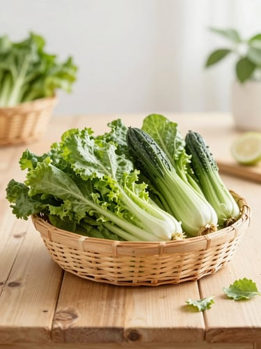 Bright editorial food photography, a rustic wooden table with a basket of fresh green vegetables, soft natural daylight, vibrant colors, shallow depth of field