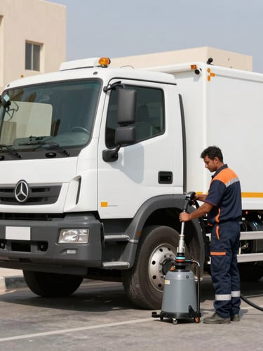 A modern professional Saudi service truck parked in a bright Riyadh residential area, a technician in a clean navy and orange uniform setting up a heavy-duty hydro-jetting machine with high-pressure hose visible, clear daylight.