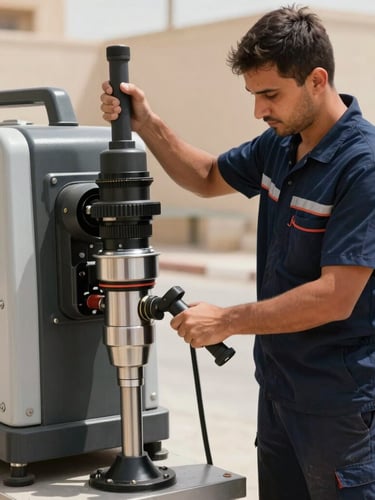 A professional technician in a clean navy blue uniform operating a heavy-duty German hydro-jetting machine, Riyadh daylight, sharp focus on the metallic nozzle and control panel.