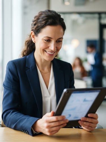 A close-up of a professional in clean, bright natural daylight, looking reassuringly at a tablet screen, shallow depth of field, deep blue tones.
