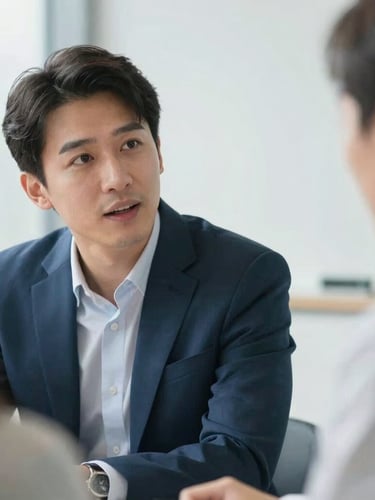Close-up of a professional in natural, expressive conversation during a meeting, bright natural daylight, shallow depth of field