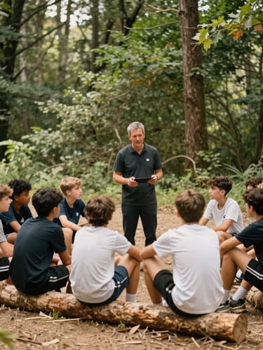 Candid shot of a coach mentoring a small group of young athletes sitting on logs in a forest clearing, soft daylight, warm editorial photography, 35mm.