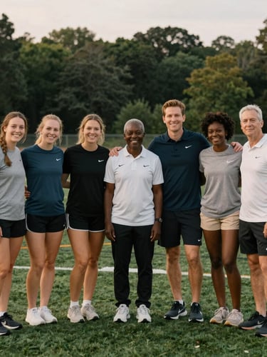 A warm portrait of a diverse coaching team standing together on an outdoor athletic field at twilight, soft evening field lighting, authentic smiles, 35mm.
