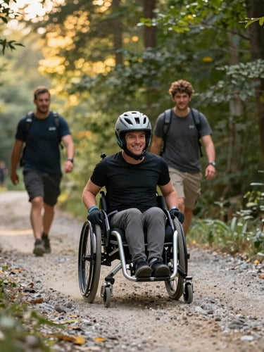 An adaptive athlete in an all-terrain racing wheelchair navigating a gravel trail alongside two volunteer guides, smiling, golden hour light filtering through forest trees.