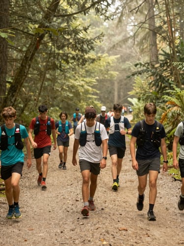 A wide environmental shot of a diverse group of youth trail runners navigating a misty forest path in the Pacific Northwest, warm overcast lighting, 35mm photography.