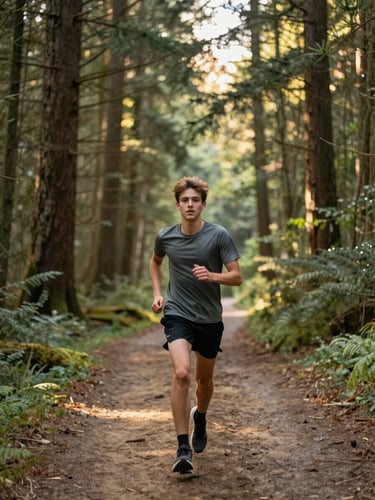 A young runner standing on a forest trail at golden hour, looking forward with determination, soft Pacific Northwest sunlight through tall pine trees, shallow depth of field.
