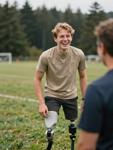 Intimate, candid medium close-up of a young adaptive athlete with a prosthetic leg laughing with a coach on a grassy outdoor field, soft overcast Pacific Northwest daylight, shallow depth of field.