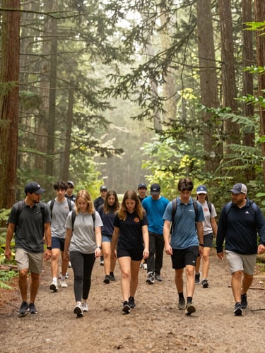 A diverse group of youth athletes and coaches walking together on a misty Pacific Northwest forest trail during a morning leadership camp, tall pine trees, soft overcast daylight.