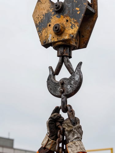Extreme close-up of a crane hook and heavy load chain under overcast daylight, wear marks visible on the metal, a worker's gloved hand steadying the load in the lower corner, gritty industrial texture