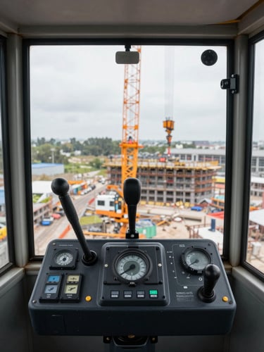 Eye-level operator perspective from inside a crane cab, control levers and instrument panel in sharp foreground, construction site below visible through wide windshield, overcast daylight, worn grip surfaces on controls