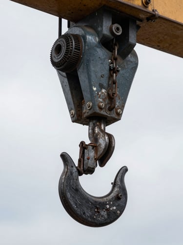 Extreme close-up of crane hook and load chain under overcast daylight, wear marks visible on steel, hook engaged with heavy steel beam, no people, raw industrial detail