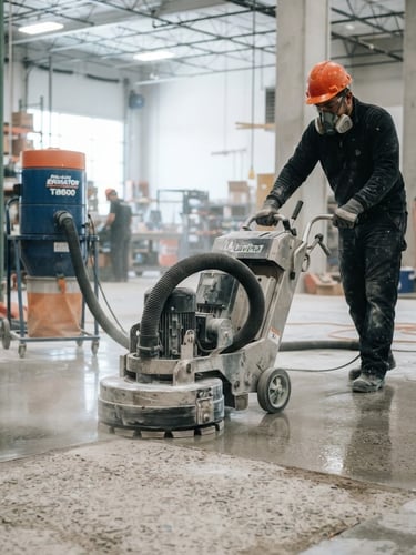 Technician performing diamond grinding on a concrete floor, bright industrial lighting, close-up on machinery and dust extraction, high depth of field, 35mm