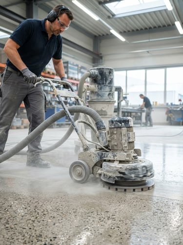 Technician operating a diamond grinding machine on a concrete floor, bright cool industrial lighting, low-angle perspective, high depth of field, sharp focus on the machinery and dust extraction