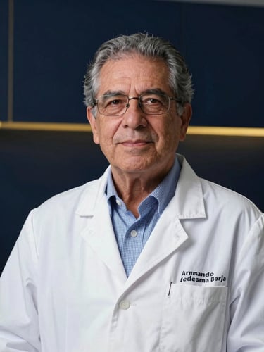 Dignified studio portrait of Dr. Armando Ledesma Borja, a senior researcher in deep focus, cool crisp laboratory lighting, dark navy background, minimal gold accents, 35mm editorial photography.