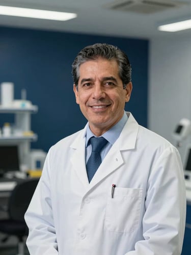 Dignified professional portrait of Dr. Armando Ledesma Borja in a modern academic office, cool crisp lighting, deep navy background, sharp focus, 35mm