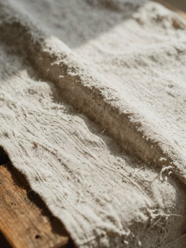A close-up macro shot of textured linen textiles resting on a rustic wooden bench, soft natural morning light casting gentle shadows across the weave, warm neutral tones, 35mm film aesthetic.