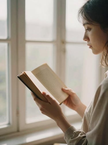 A side profile portrait of a woman reading a worn hardback book near a tall window, soft diffused afternoon light, warm sand tones, shallow depth of field, 35mm film aesthetic.