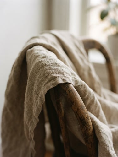 Close-up of textured linen cloth draped over a wooden chair in soft morning daylight, shallow depth of field, 35mm film aesthetic