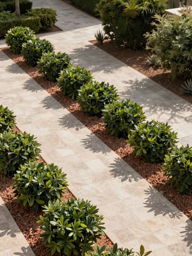 Wide environmental shot of a mature residential UAE garden viewed from above at a slight angle, structured planting beds of climate-adapted shrubs in terracotta-toned gravel mulch, harsh midday shadow patterns across pale stone pathways, deep green foliage revealing waxy heat-resistant texture, no people, no soft light