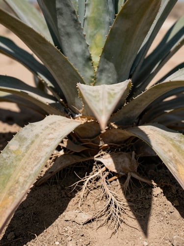 Extreme close-up of desert-adapted plant leaves in full Gulf sun, thick waxy surface catching harsh direct light, strong shadow cast on dry compacted soil below, fine root system visible at the soil surface edge, documentary texture-focused framing