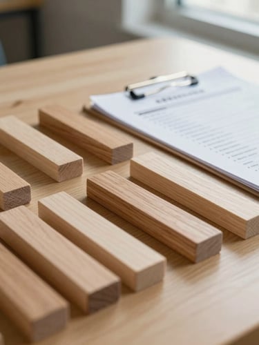 A close-up of organized wooden assessment blocks and a clean clinical protocol sheet on a light oak table, bathed in soft, indirect natural daylight from a nearby window.