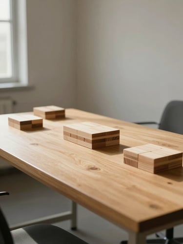 Quiet, sunlit testing room with soft indirect natural daylight, a clean oak table, organized wooden assessment blocks, and calm negative space.