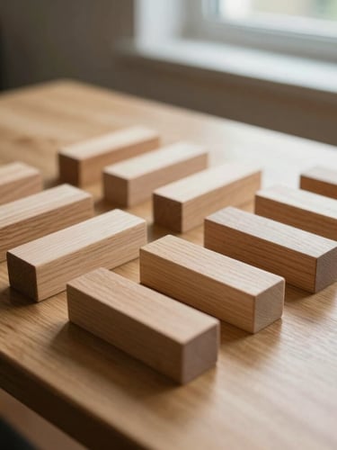 A close-up shot of wooden developmental assessment blocks neatly arranged on a light oak table, soft indirect daylight from a nearby window, quiet focus.