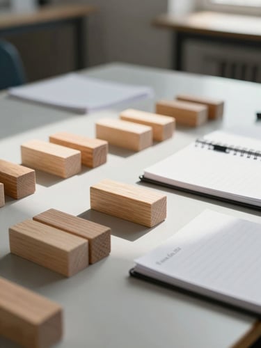 A close-up shot of a quiet, sunlit testing room with organized wooden blocks and a notebook on a clean table, natural light casting soft shadows