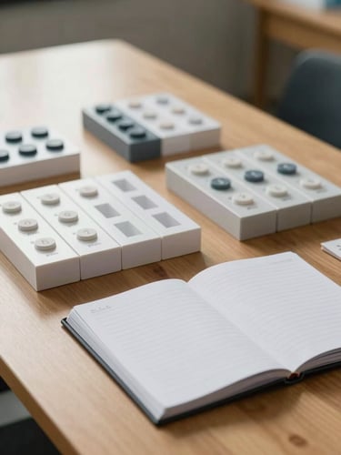 A close-up of a wooden table in a quiet, sunlit testing room, with neatly organized clinical assessment blocks and a professional notebook resting under soft natural light.